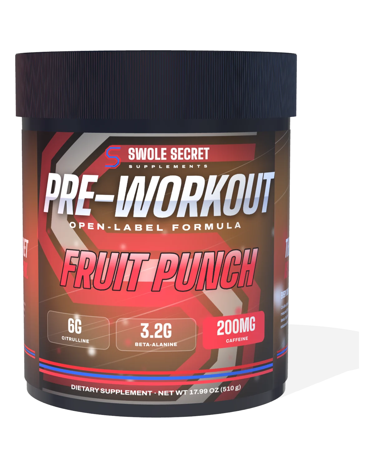 Swole Secret Pre-Workout, Fruit Punch flavor, 30 servings, front of tub